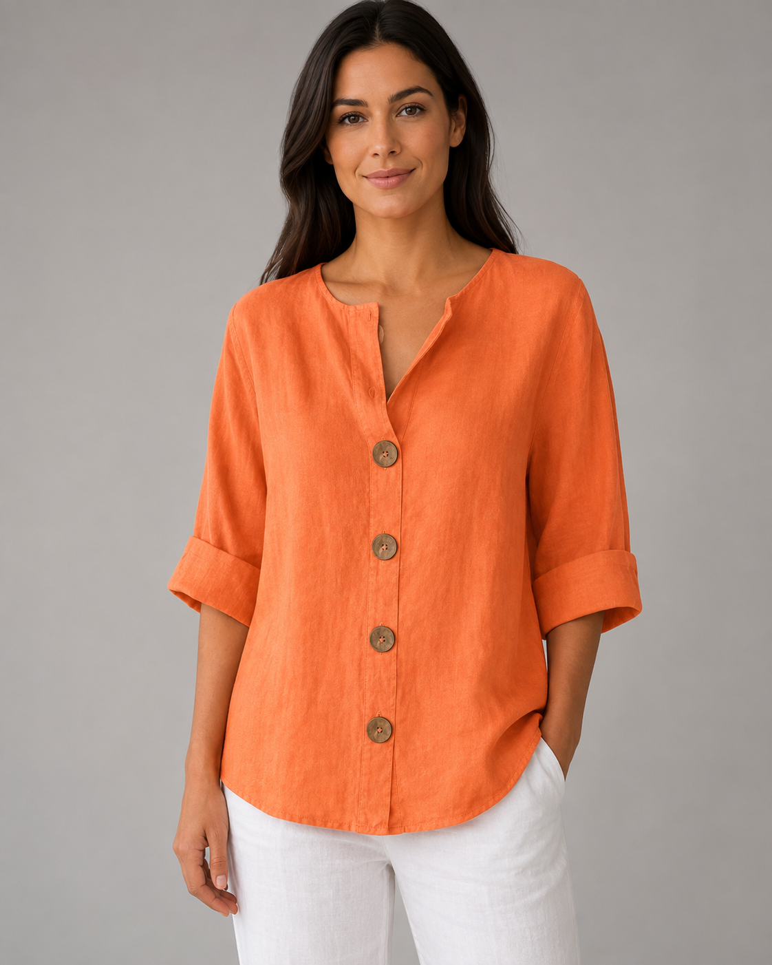 Women's Cotton Linen Button Top – V-Neck – Loose Fit Casual Shirt