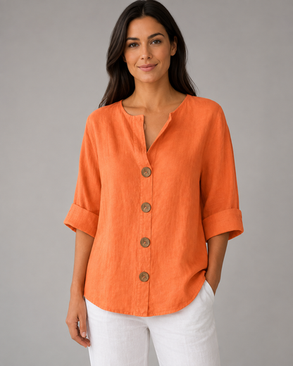 Women's Cotton Linen Button Top – V-Neck – Loose Fit Casual Shirt