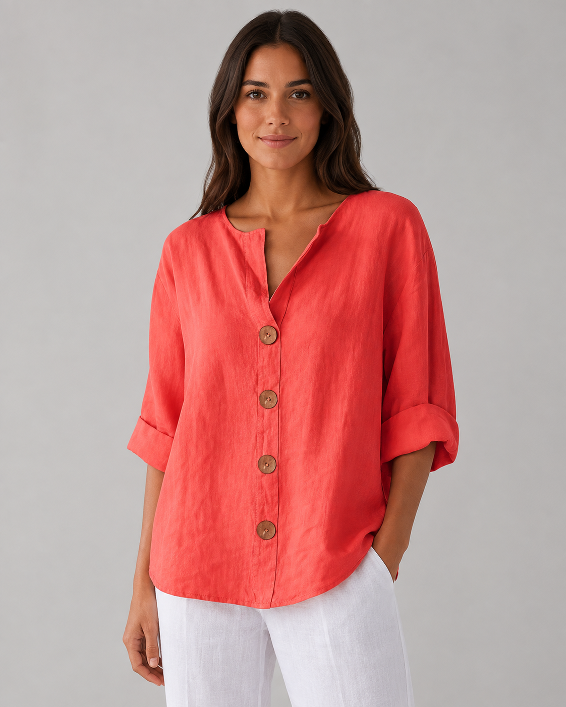 Women's Cotton Linen Button Top – V-Neck – Loose Fit Casual Shirt