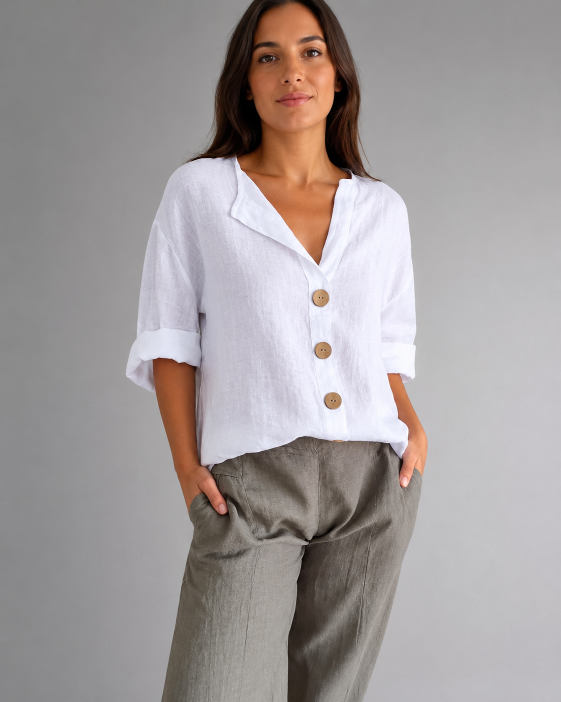 Women's Cotton Linen Button Top – V-Neck – Loose Fit Casual Shirt