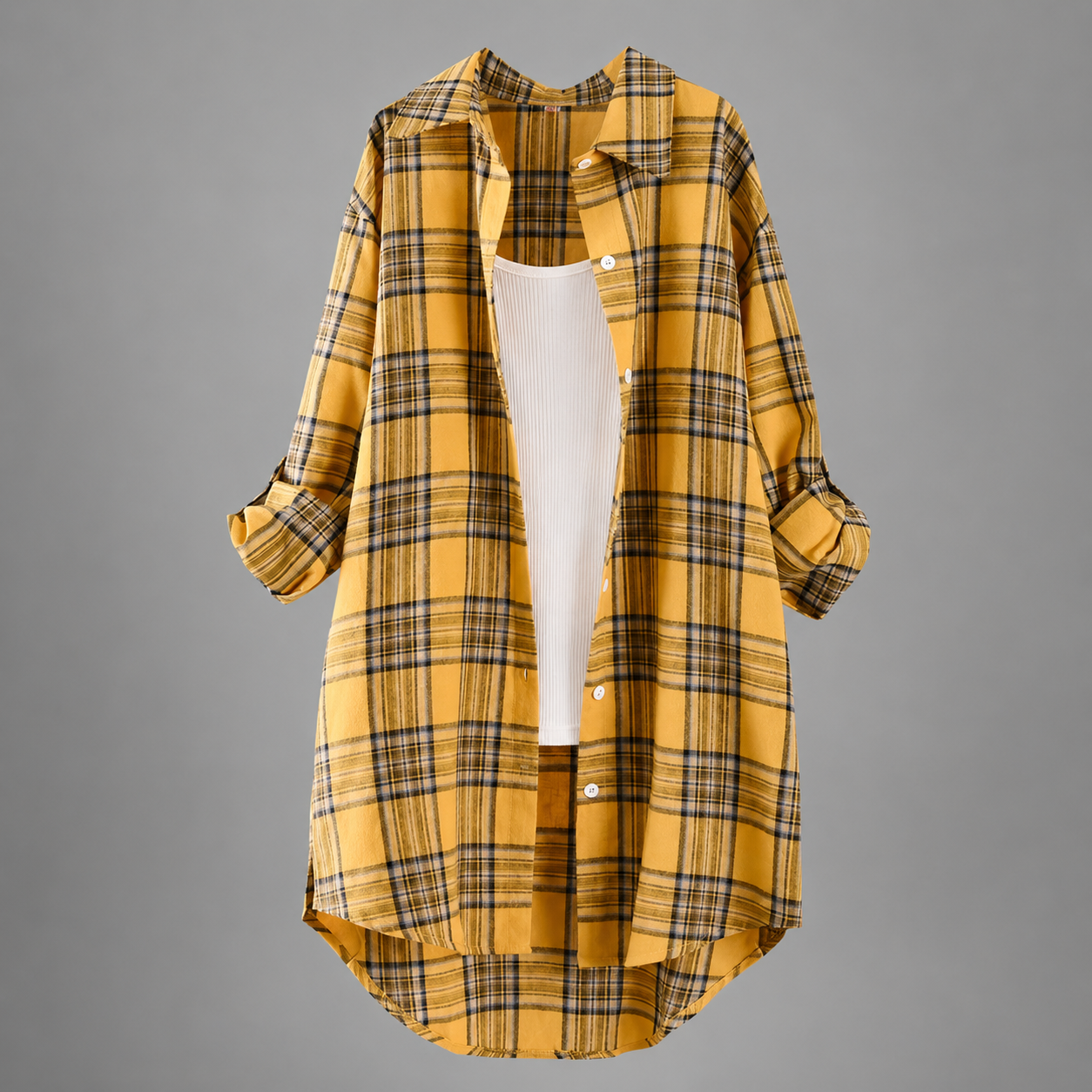 Women's Lightweight Linen Shirt – Long Sleeve with Check Pattern and Buttoned Closure