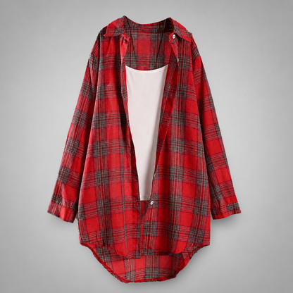 Women's Lightweight Linen Shirt – Long Sleeve with Check Pattern and Buttoned Closure