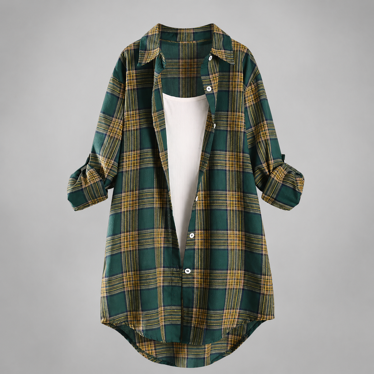 Women's Lightweight Linen Shirt – Long Sleeve with Check Pattern and Buttoned Closure