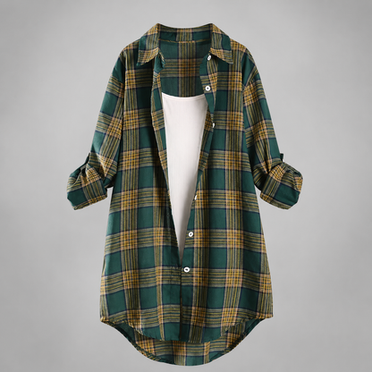 Women's Lightweight Linen Shirt – Long Sleeve with Check Pattern and Buttoned Closure