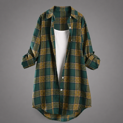 Women's Lightweight Linen Shirt – Long Sleeve with Check Pattern and Buttoned Closure
