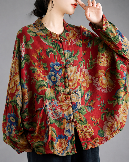 Women's Large Size Cotton Linen Spring Shirt – Button-Up with Batwing Sleeves