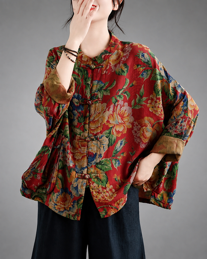 Women's Large Size Cotton Linen Spring Shirt – Button-Up with Batwing Sleeves