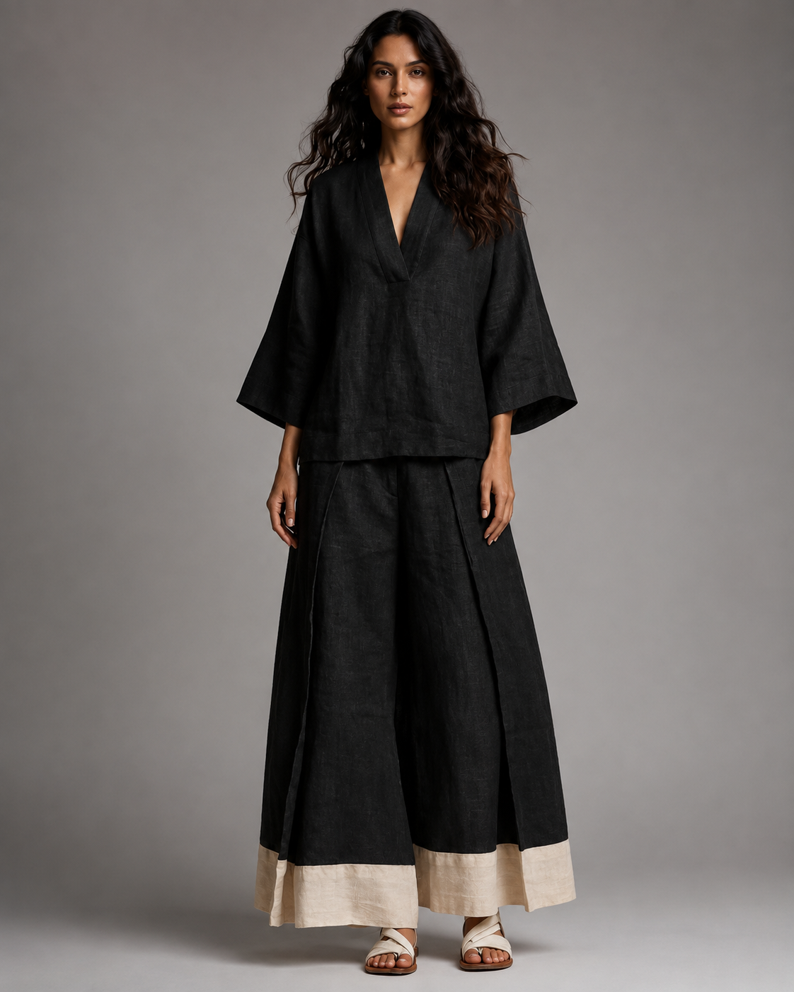 Women's Cotton Linen 2 Piece Set – French V-Neck Shirt with Wide-Leg Pants – Plus Size Available