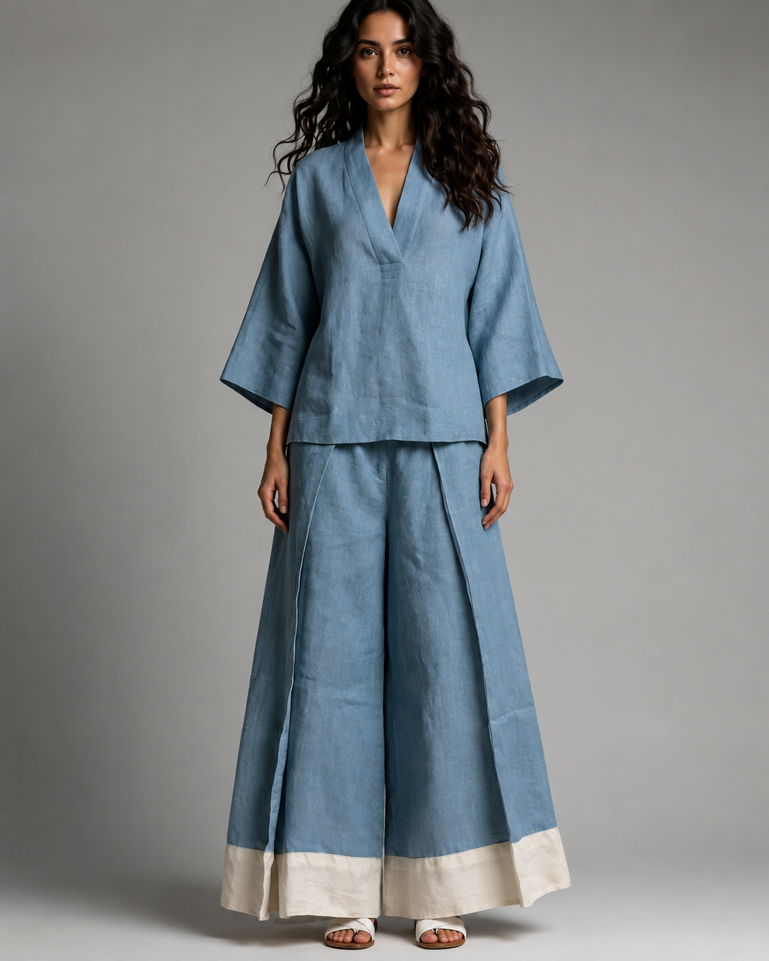 Women's Cotton Linen 2 Piece Set – French V-Neck Shirt with Wide-Leg Pants – Plus Size Available