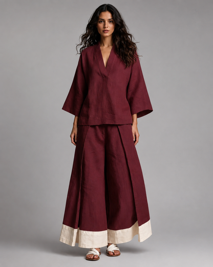 Women's Cotton Linen 2 Piece Set – French V-Neck Shirt with Wide-Leg Pants – Plus Size Available