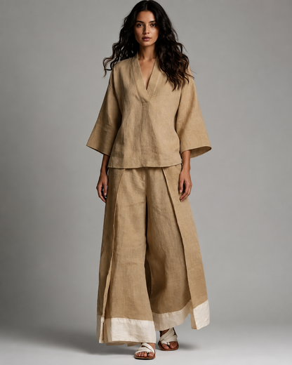 Women's Cotton Linen 2 Piece Set – French V-Neck Shirt with Wide-Leg Pants – Plus Size Available