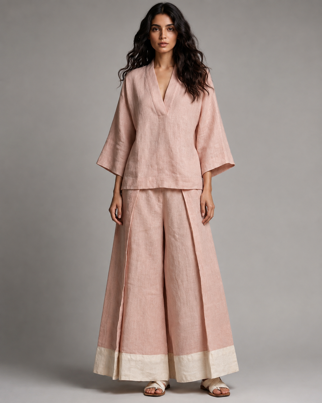 Women's Cotton Linen 2 Piece Set – French V-Neck Shirt with Wide-Leg Pants – Plus Size Available