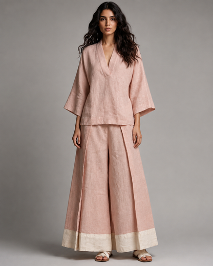 Women's Cotton Linen 2 Piece Set – French V-Neck Shirt with Wide-Leg Pants – Plus Size Available