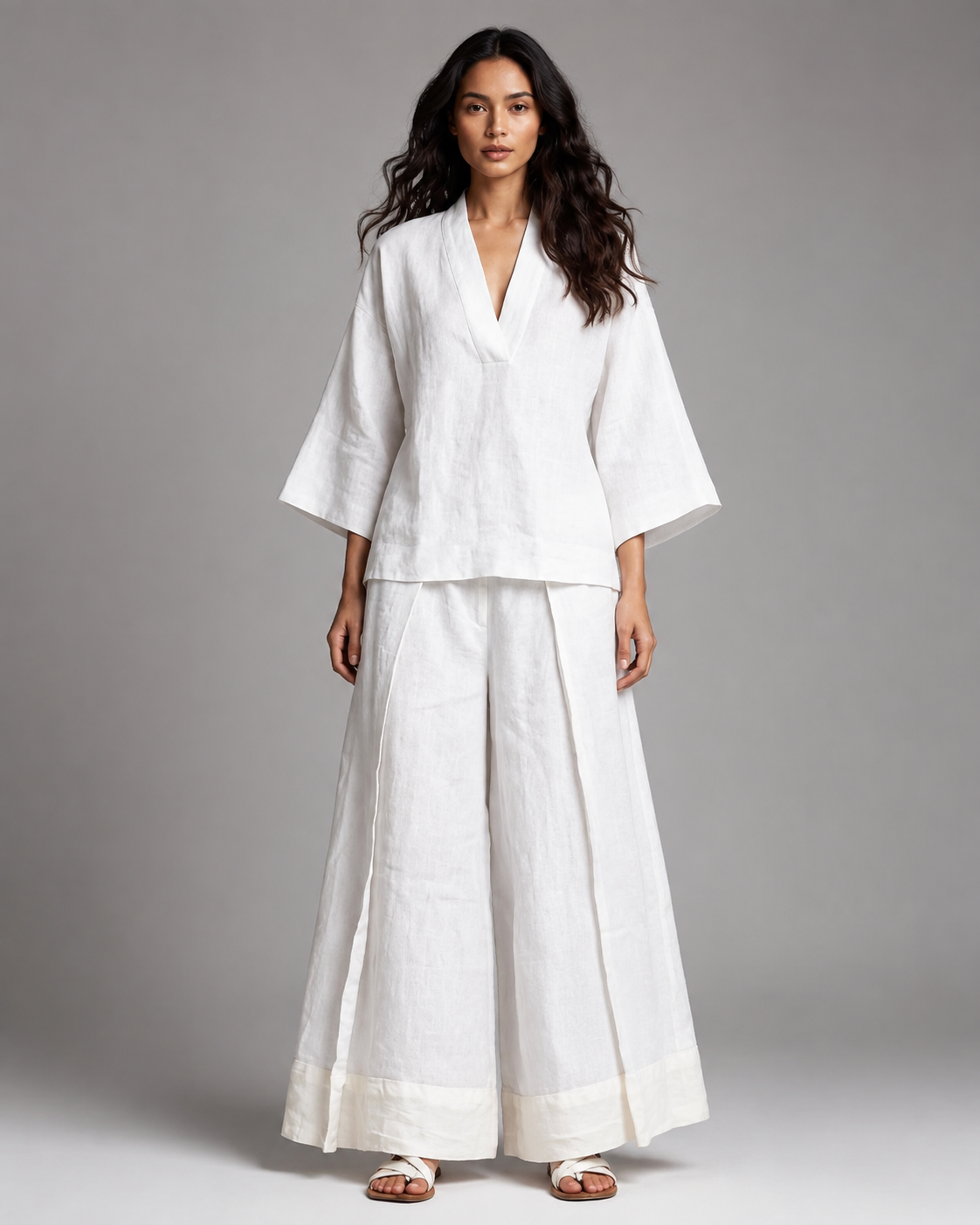 Women's Cotton Linen 2 Piece Set – French V-Neck Shirt with Wide-Leg Pants – Plus Size Available