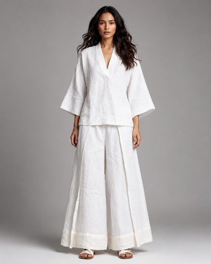 Women's Cotton Linen 2 Piece Set – French V-Neck Shirt with Wide-Leg Pants – Plus Size Available