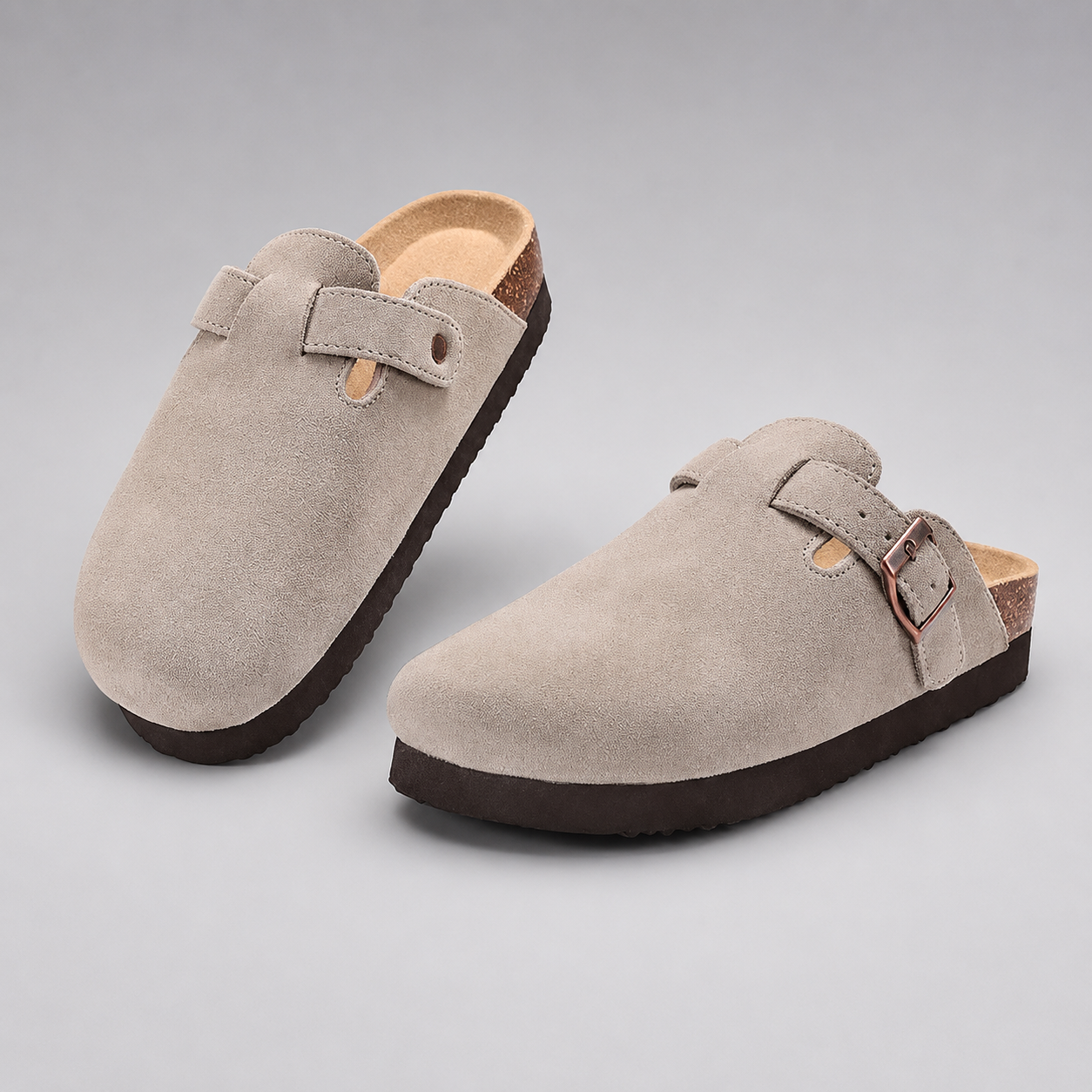 Women's Cork Suede Mules – Antislip with Arch Support and Adjustable Buckle