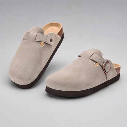 Women's Cork Suede Mules – Antislip with Arch Support and Adjustable Buckle