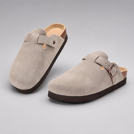 Women's Cork Suede Mules – Antislip with Arch Support and Adjustable Buckle