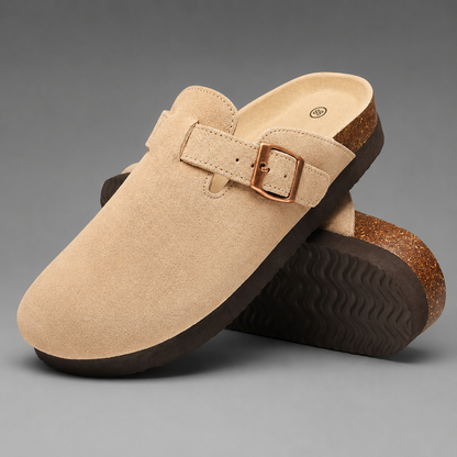 Women's Cork Suede Mules – Antislip with Arch Support and Adjustable Buckle