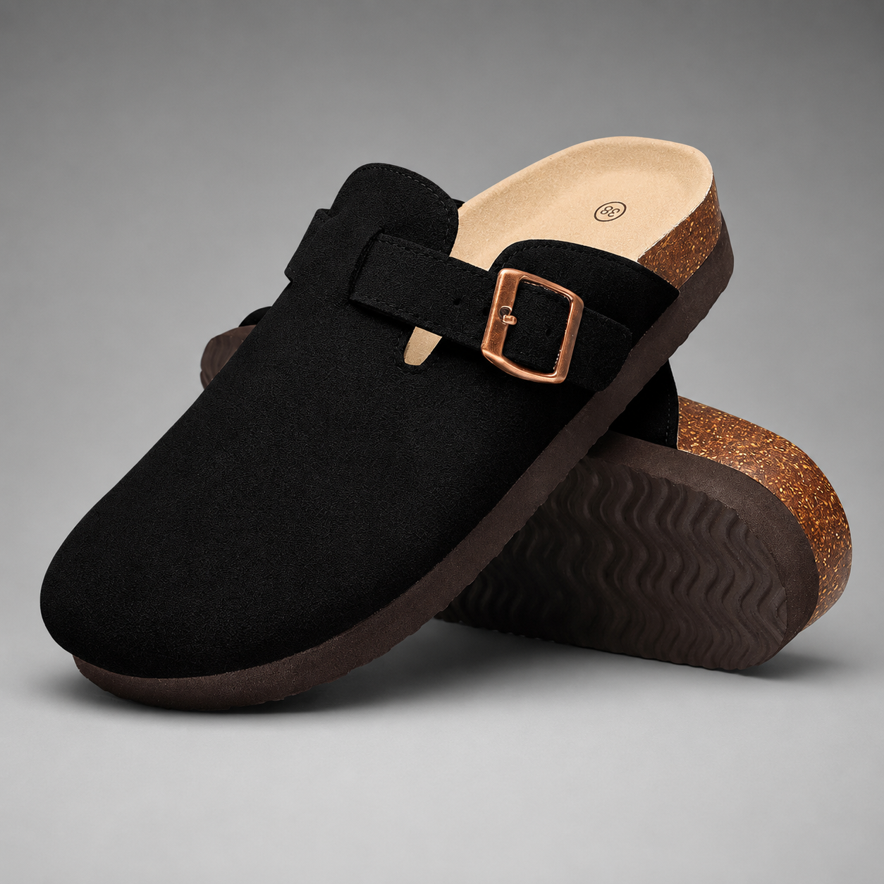Women's Cork Suede Mules – Antislip with Arch Support and Adjustable Buckle