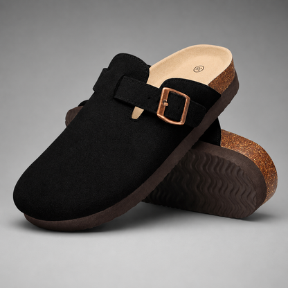 Women's Cork Suede Mules – Antislip with Arch Support and Adjustable Buckle