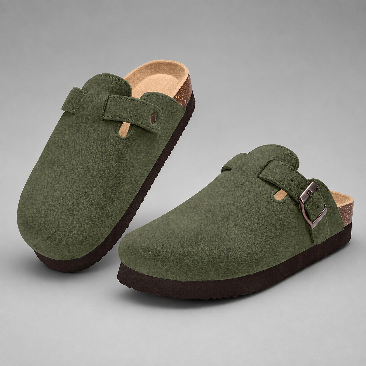 Women's Cork Suede Mules – Antislip with Arch Support and Adjustable Buckle