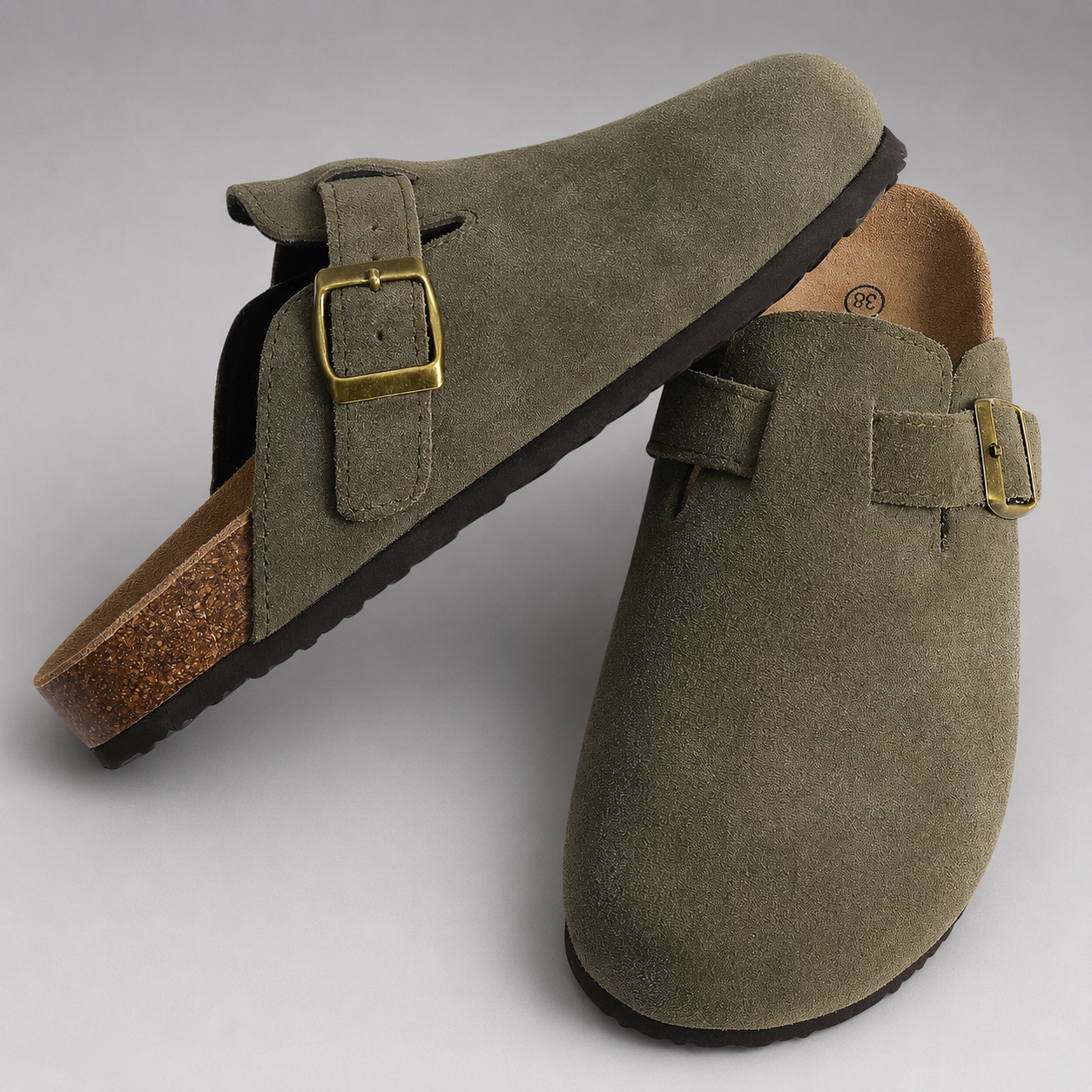 Women's Cork Suede Mules – Antislip with Arch Support and Adjustable Buckle
