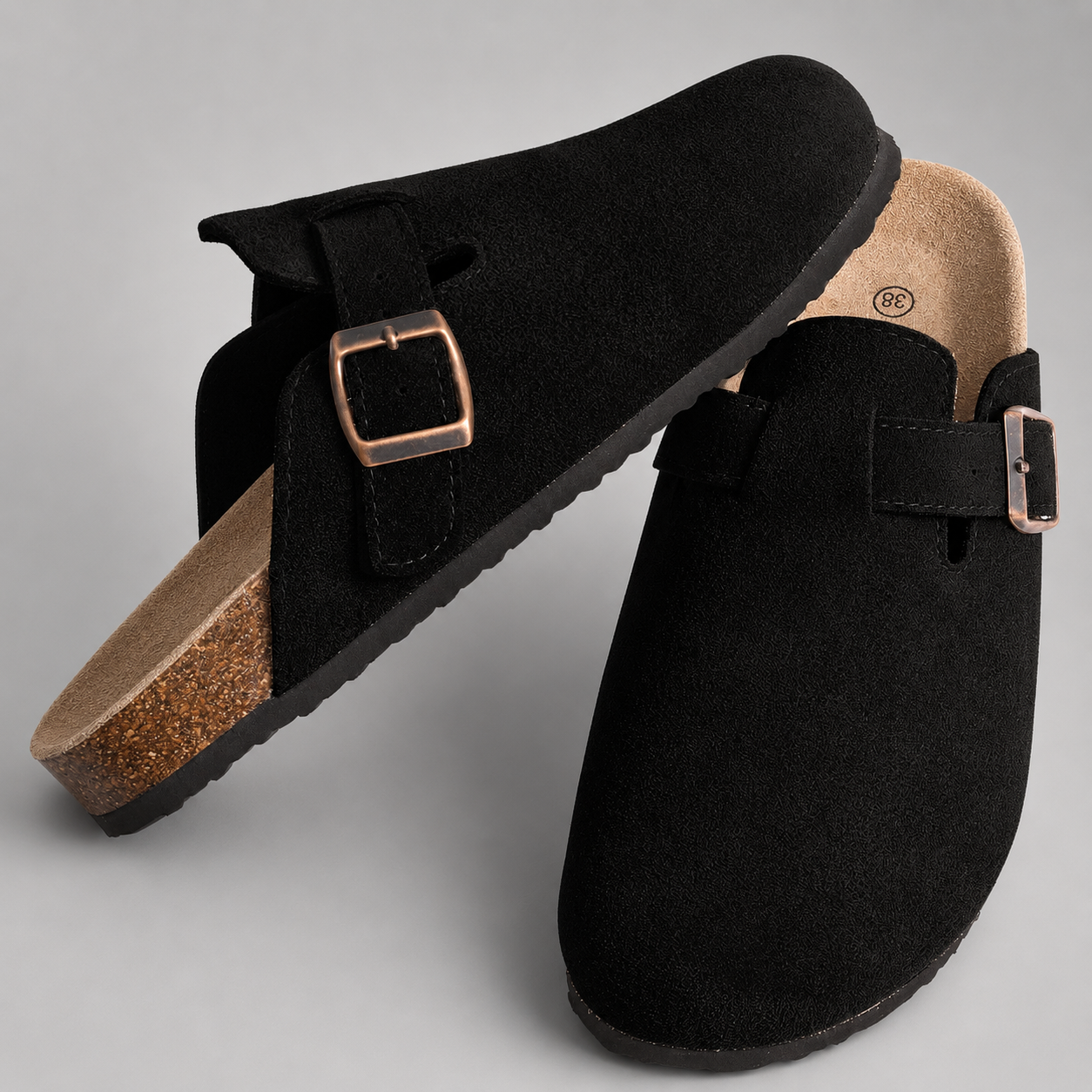 Women's Cork Suede Mules – Antislip with Arch Support and Adjustable Buckle