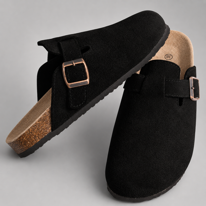 Women's Cork Suede Mules – Antislip with Arch Support and Adjustable Buckle
