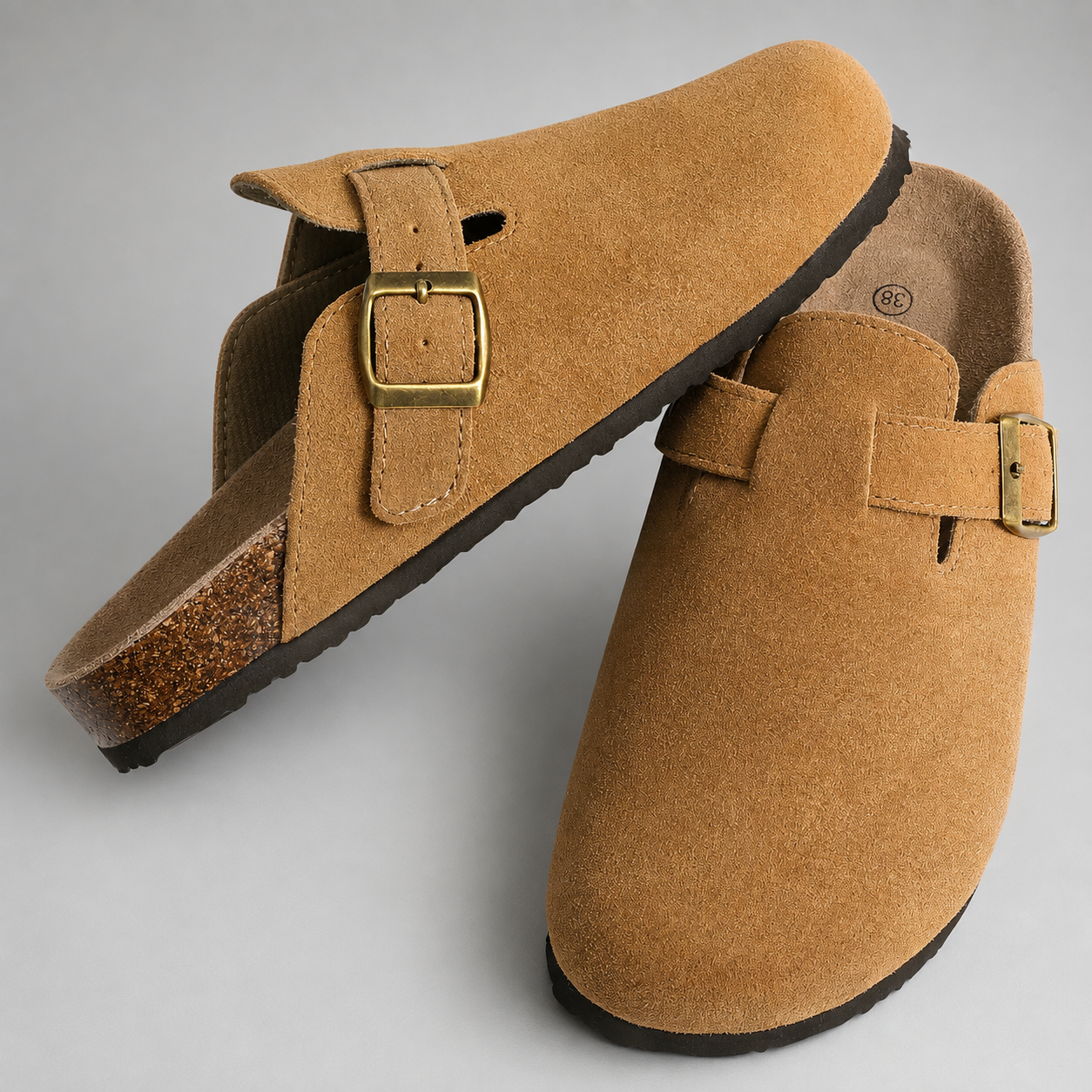 Women's Cork Suede Mules – Antislip with Arch Support and Adjustable Buckle