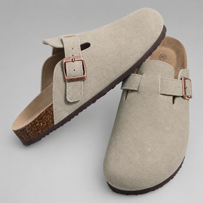 Women's Cork Suede Mules – Antislip with Arch Support and Adjustable Buckle