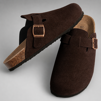 Women's Cork Suede Mules – Antislip with Arch Support and Adjustable Buckle