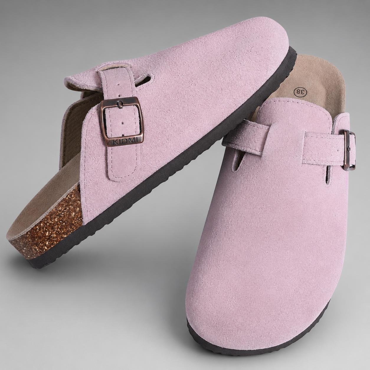 Women's Cork Suede Mules – Antislip with Arch Support and Adjustable Buckle