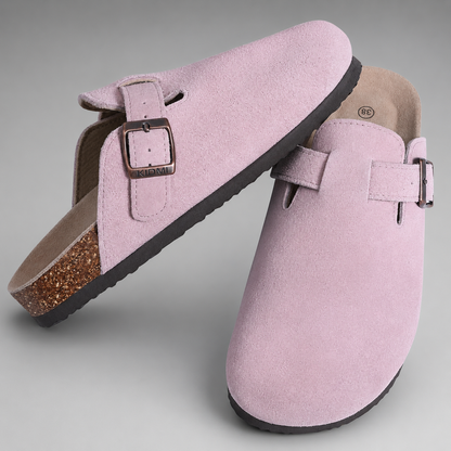 Women's Cork Suede Mules – Antislip with Arch Support and Adjustable Buckle