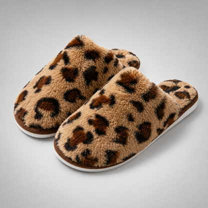 Women's Plush Leopard Print Slippers – Fuzzy Fur – Casual Slip-On – Winter