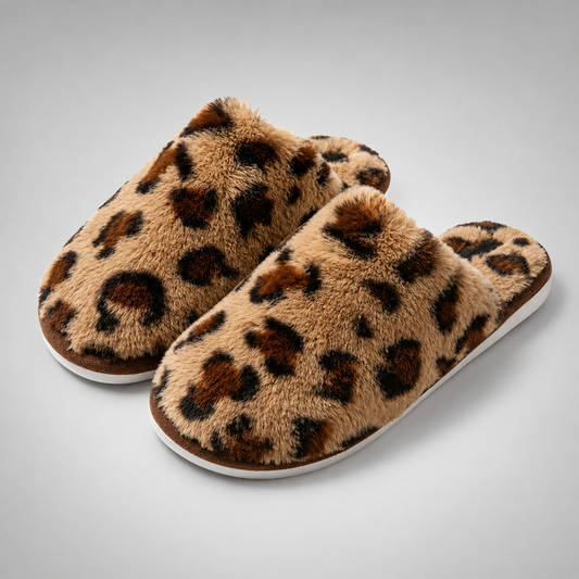 Women's Plush Leopard Print Slippers – Fuzzy Fur – Casual Slip-On – Winter