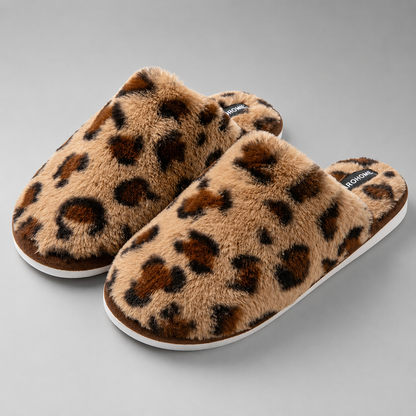 Women's Plush Leopard Print Slippers – Fuzzy Fur – Casual Slip-On – Winter