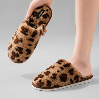 Women's Plush Leopard Print Slippers – Fuzzy Fur – Casual Slip-On – Winter