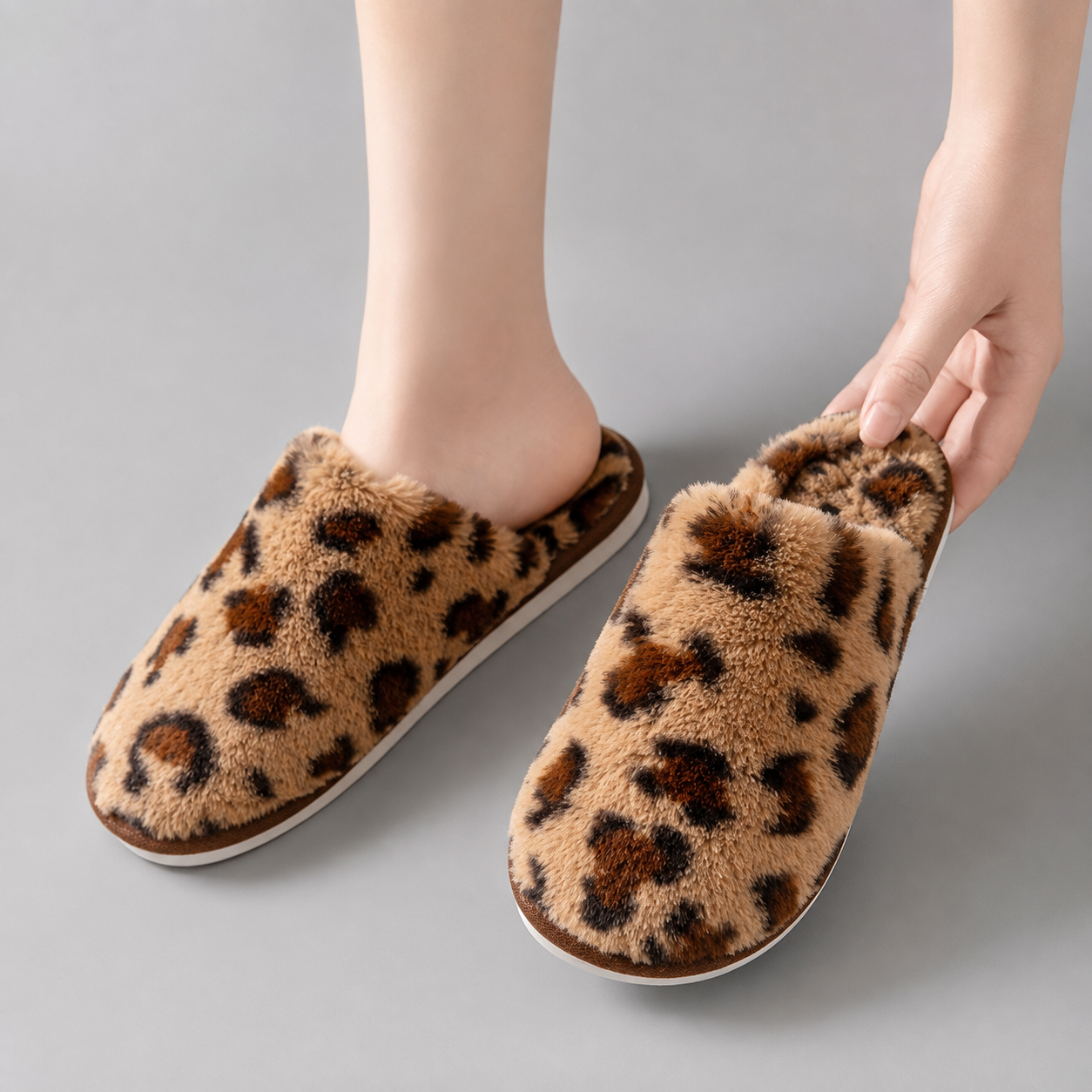 Women's Plush Leopard Print Slippers – Fuzzy Fur – Casual Slip-On – Winter