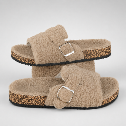 Women's Faux Fur House Slippers – Soft Sole, Open-Toe Design with Adjustable Straps