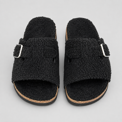 Women's Faux Fur House Slippers – Soft Sole, Open-Toe Design with Adjustable Straps