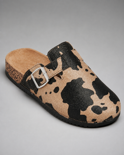 Women's Slip-On Mule Shoes – Animal Print with Cork Sole