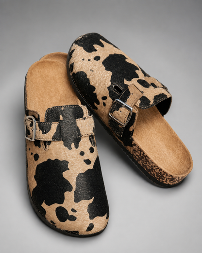 Women's Slip-On Mule Shoes – Animal Print with Cork Sole