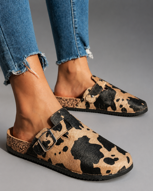 Women's Slip-On Mule Shoes – Animal Print with Cork Sole
