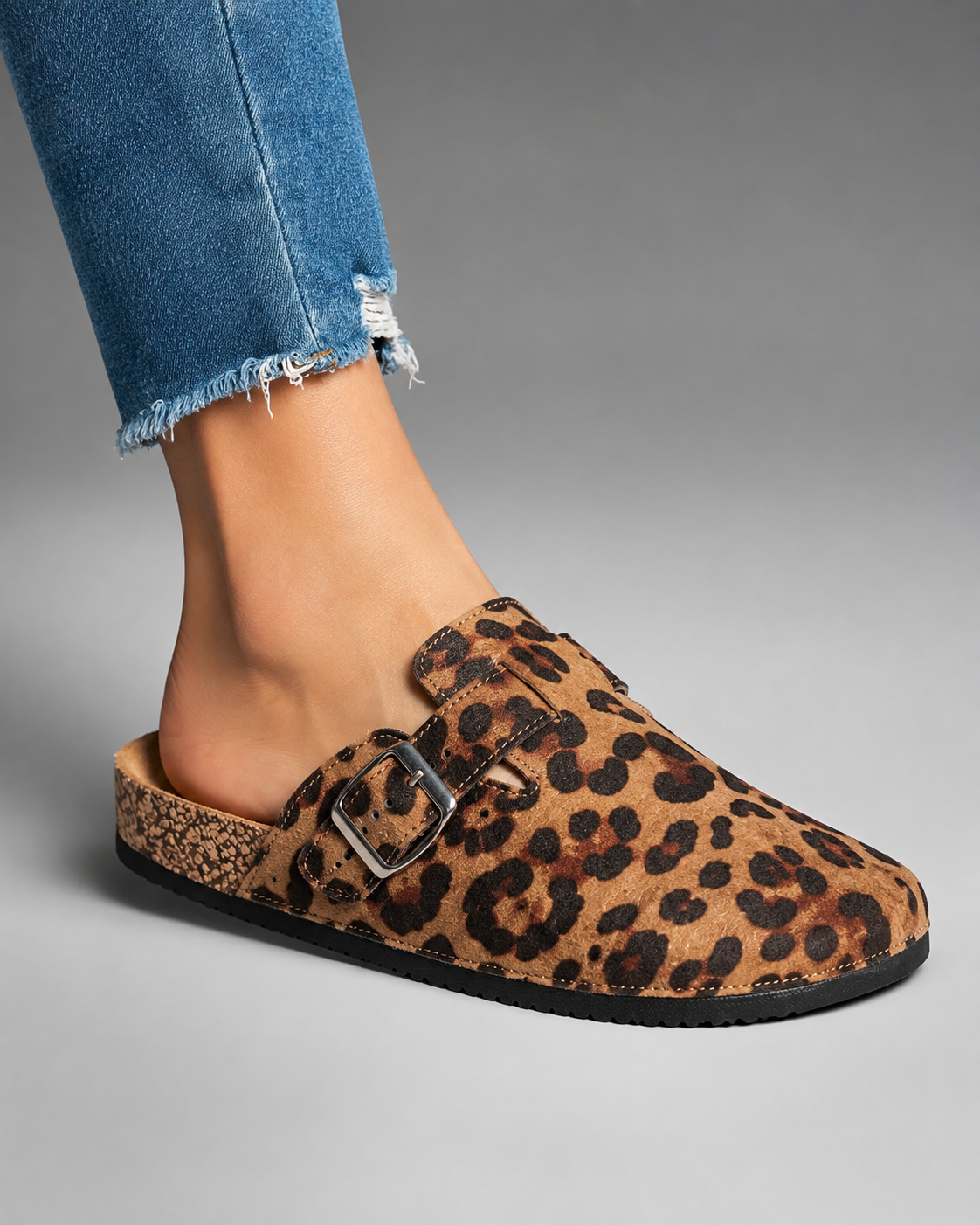 Women's Slip-On Mule Shoes – Animal Print with Cork Sole