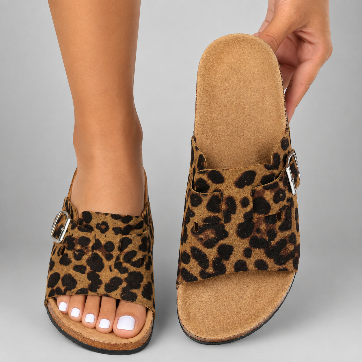 Women's Animal Print Open-Toe Sandals – Adjustable Buckle Straps with Cork Sole