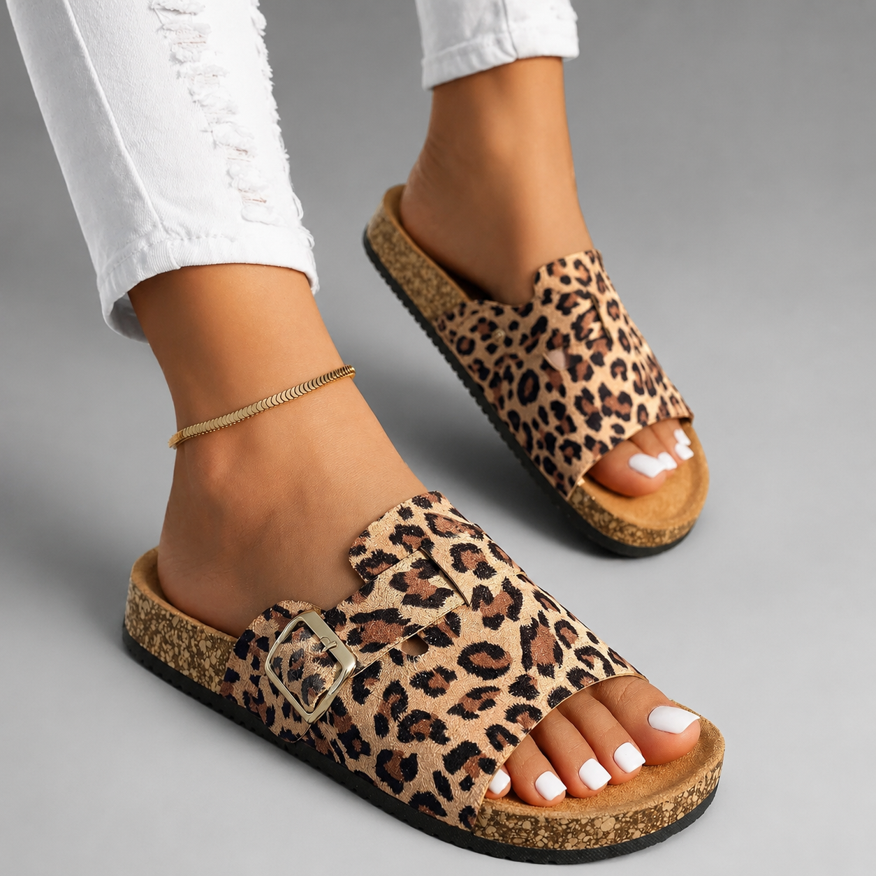Women's Animal Print Open-Toe Sandals – Adjustable Buckle Straps with Cork Sole
