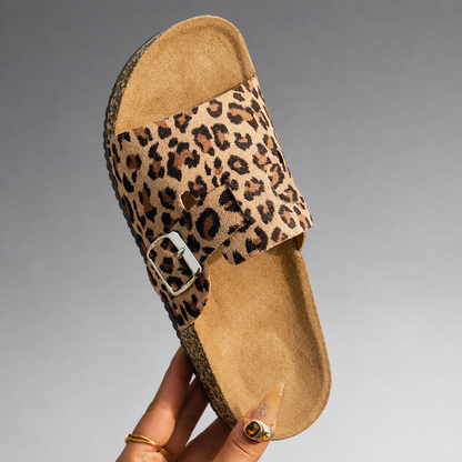 Women's Animal Print Open-Toe Sandals – Adjustable Buckle Straps with Cork Sole
