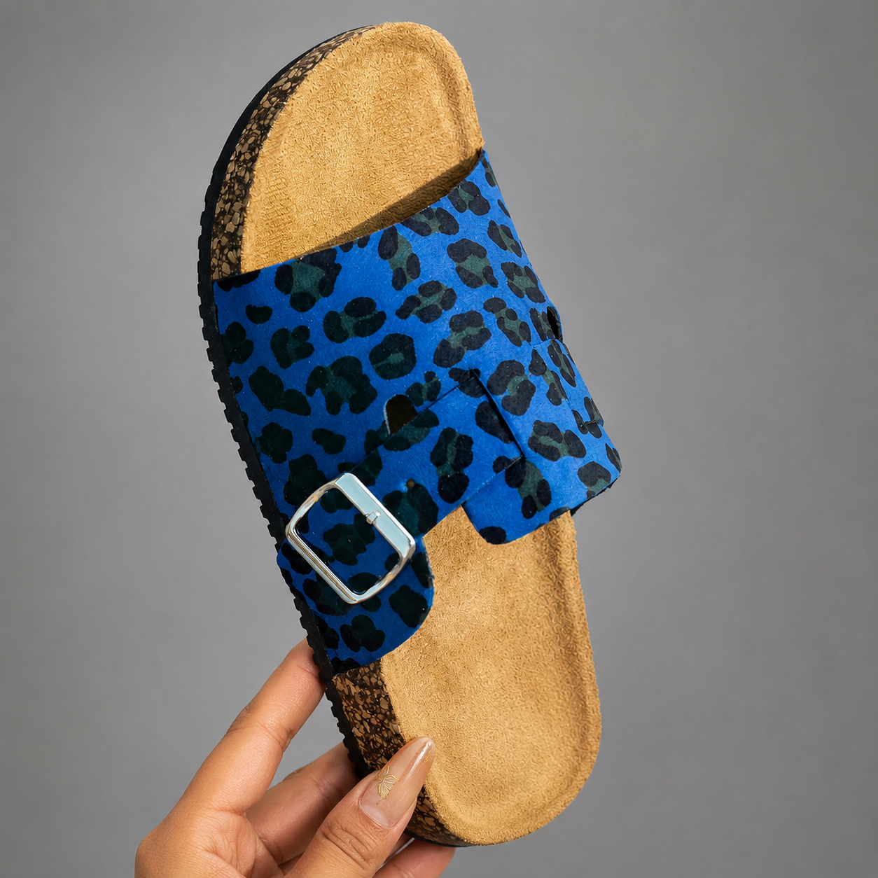 Women's Animal Print Open-Toe Sandals – Adjustable Buckle Straps with Cork Sole