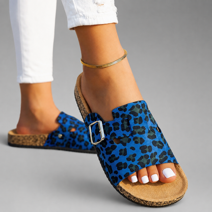 Women's Animal Print Open-Toe Sandals – Adjustable Buckle Straps with Cork Sole